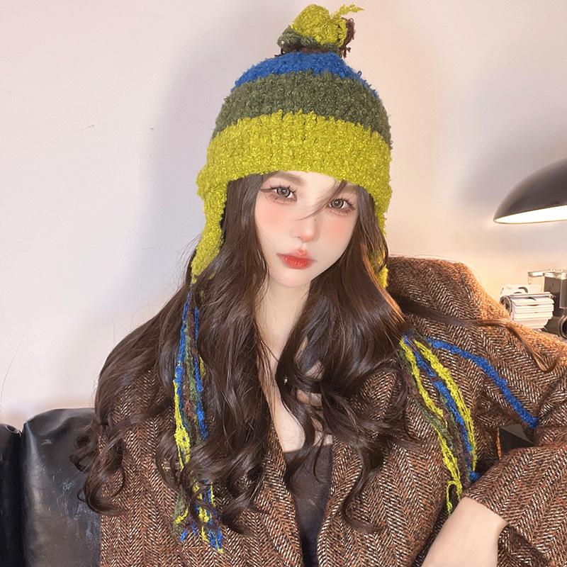 Hat Women's Autumn and Winter Big Head Circumference Warm Lei Feng Hat Wool Circle Velvet Ear Protection Knitted Cold Hat Striped Wool Hat
