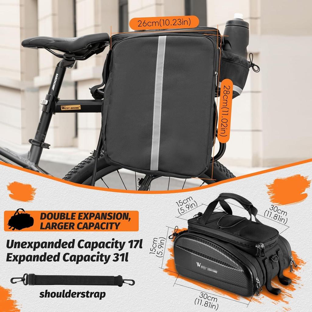 Waterproof Hard Shell Bike Rear Rack Bag 11/31L Reflective Oxford EVA Bicycle Trunk Pannier for Commuting Touring E-Bike
