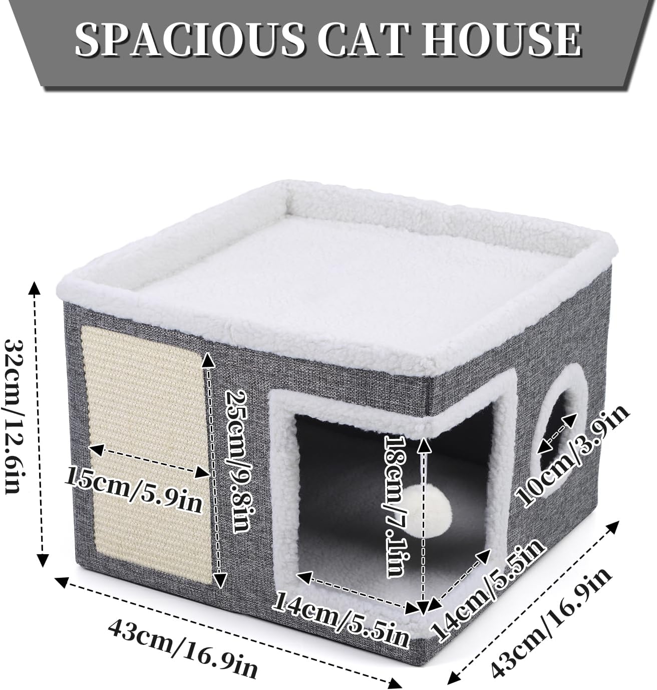 

ATUBAN Cat Beds for Indoor Cats,Large Cat Cave with Cozy Condo,Fluffy Hanging Ball,Foldable Indoor Cat House Hold Up to 30LBS