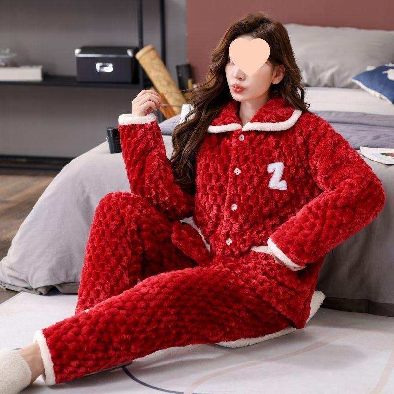 Pajamas women's winter warm winter fleece thickened coral fleece three layers of cotton autumn and winter women's loungewear
