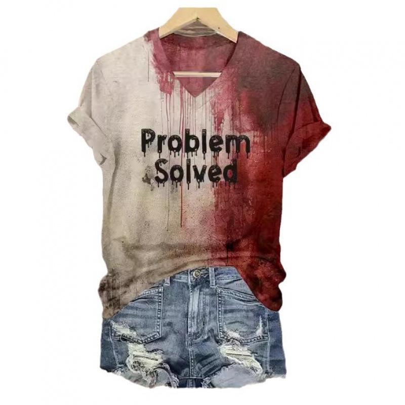 

Летняя женская футболка с 3D цифровой печатью, Хэллоуин, с надписью, повседневная, с V-образным вырезом, большого размера XL