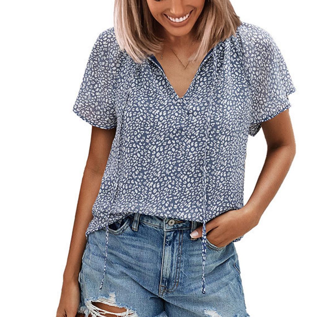 Casual Women Printed V-neck Floral Short-sleeved Casual Pullover T-shirt