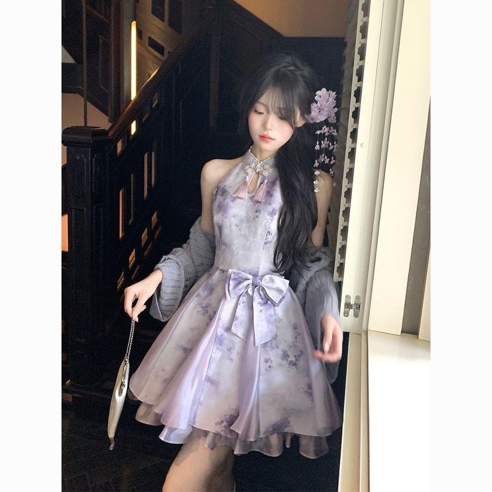 Summer new new Chinese style printed cheongsam skirt small women s temperament atmosphere suit short skirt S