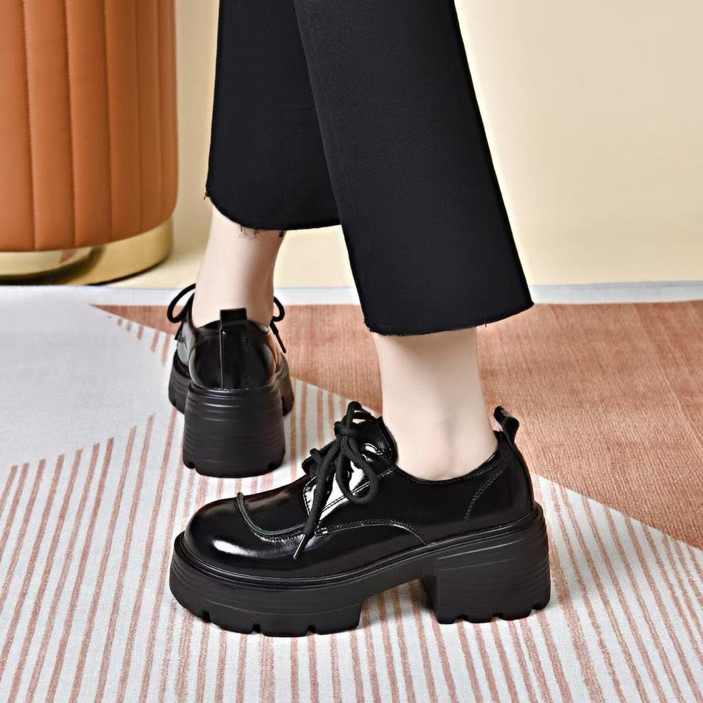 Platform Shoes Women's Autumn New Waterproof Platform Muffin Heel Lace-up Small Leather Shoes College Style Women