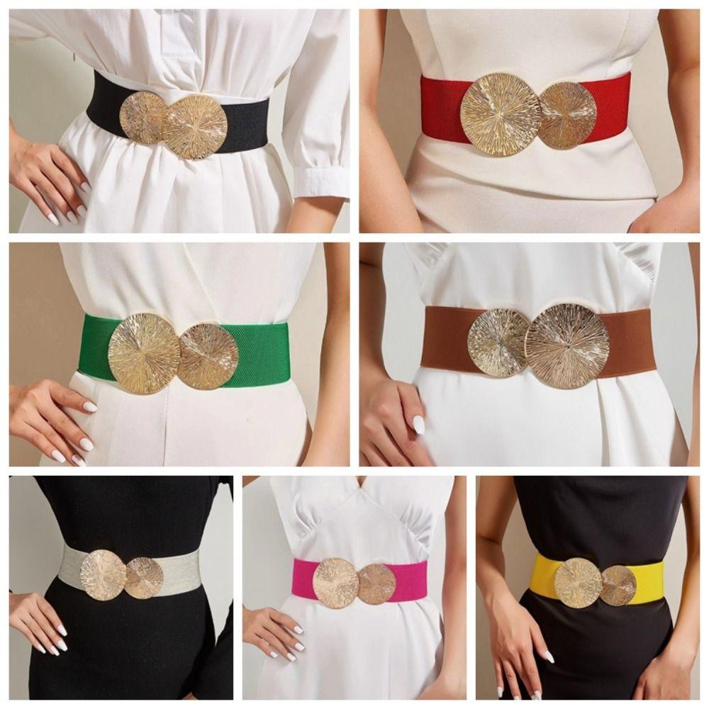 Double Circle Elastic Cummerbunds Alloy Metal Round Buckle Waist Corset Belts Stretch Waistband Korean Style Wide Belt Girl