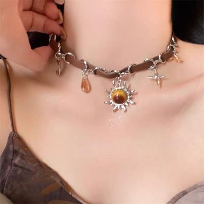 New Leather Necklace Metal Vintage Collarbone Chain Gothic Star Sun Pendant Necklace Women