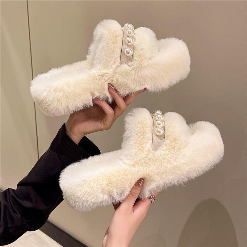 Internet Celebrity Pearl Fluffy Slippers Women Wear Thick Bottom Ins Tide 2025 New Autumn and Winter Versatile Household Dormitory Cotton Mop