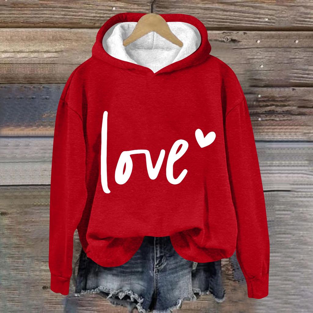 Women's Long Sleeved Shirt With Valentine's Day Print And Hooded Sweatshirt