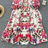 Spring Women Vintage Print Single Breasted Long Maxi Holiday Beach Dresses with Belt