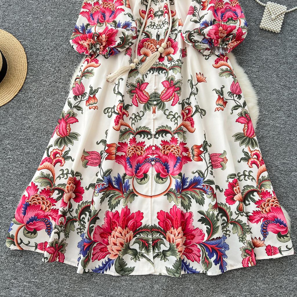 Spring Women Vintage Print Single Breasted Long Maxi Holiday Beach Dresses with Belt