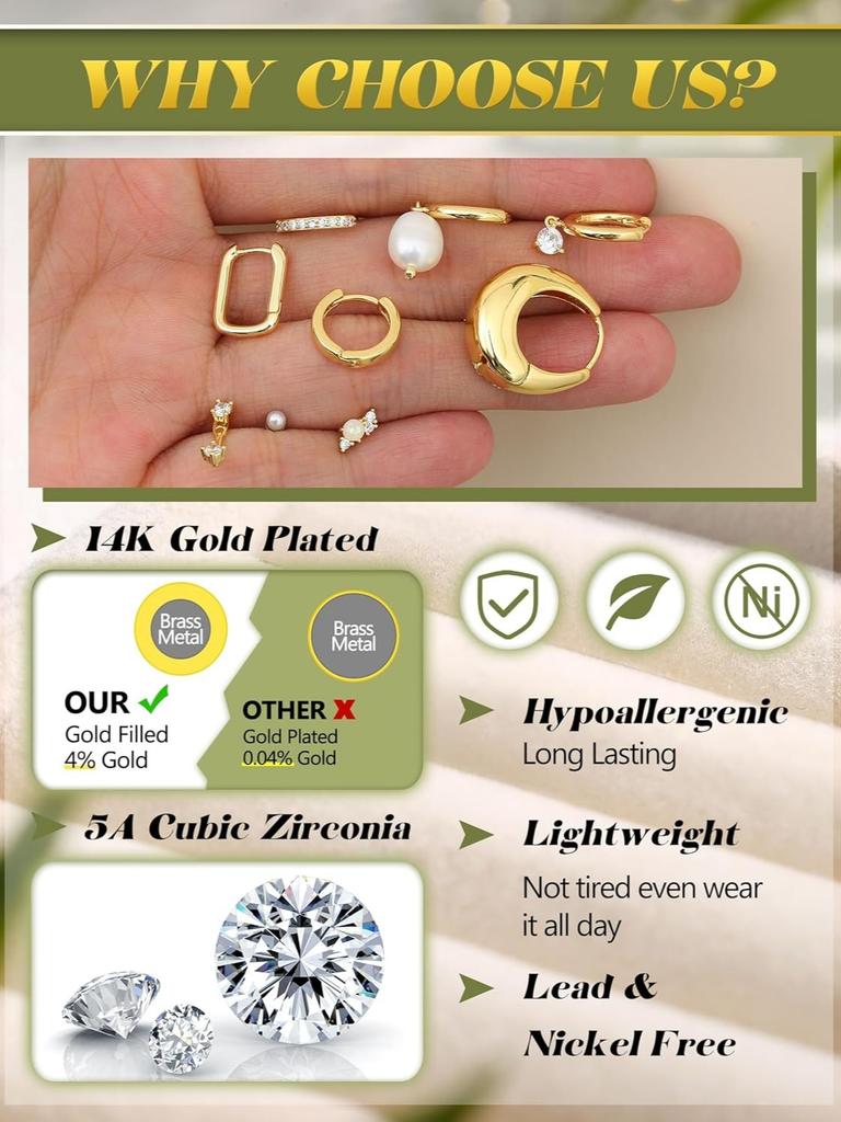 Bobisty  9Pairs 14K Gold Plated Hoop Earring Stacks for Women Stud Hoop Earrings Stainless Steel Cartilage Earring Sets Piercing