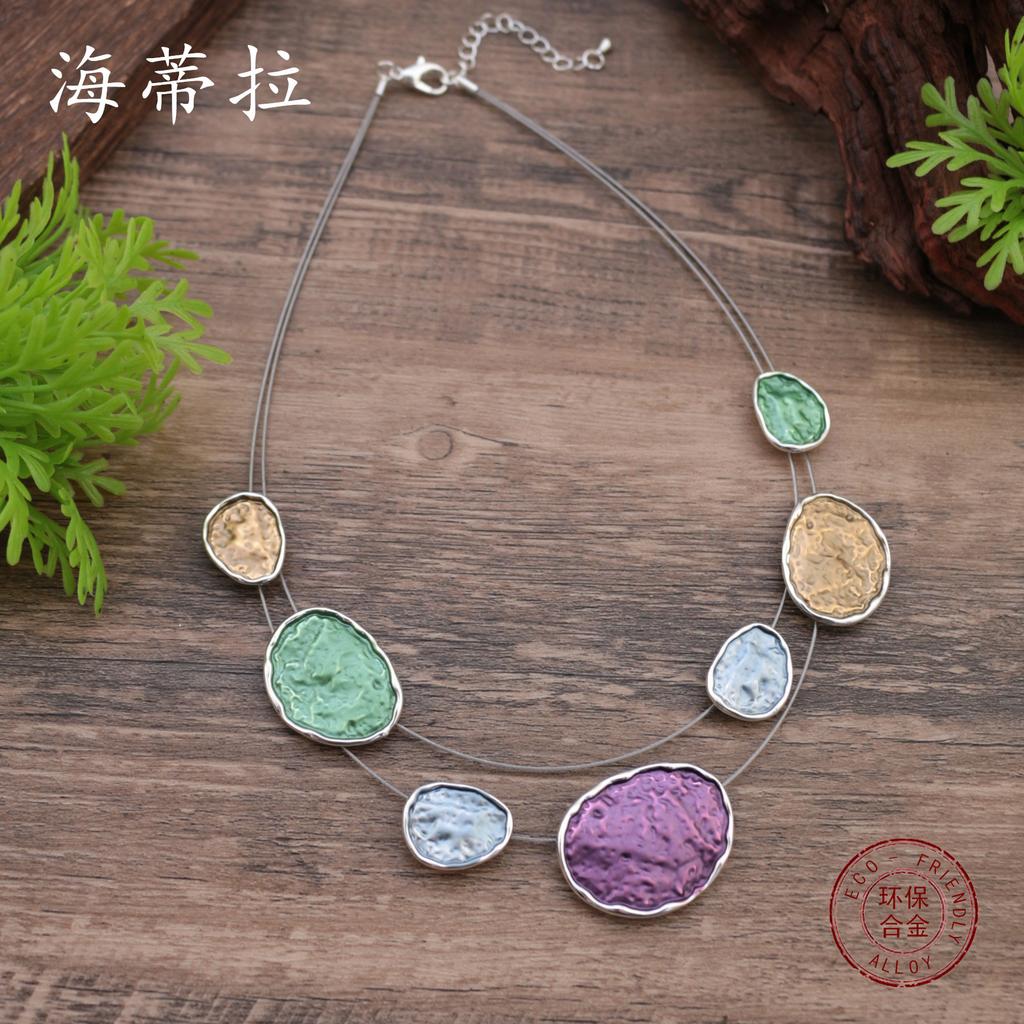Color Round Irregular Alloy Necklace, Oil Drop Exaggerated Shape Women's Wire Necklace