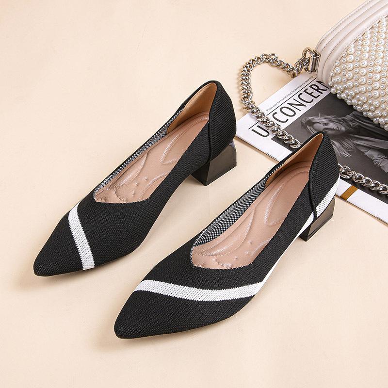 Spring and Autumn New Weaving Fly Knitting Breathable Sleeve Pointed Women's Thick High Heel Single Shoes
