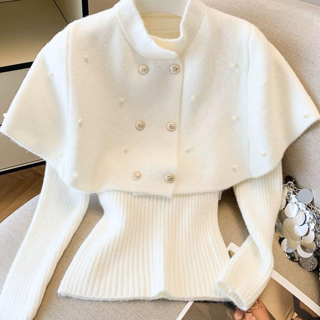 French Long Sleeve Double-Breasted Knit Cardigan Sweater with Shawl – Slimming Two-Piece Set for Autumn/Winter