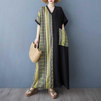 Women's Striped Patchwork Black Long Dress Retro Robe