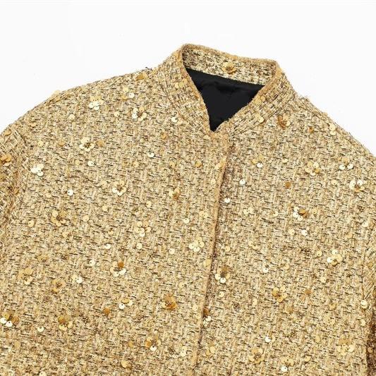 Autumn Sequins Golden Loose Jacket for Women Sparkle Long Sleeve Casual Bomber Jacket with Pockets Female Fashion Coats