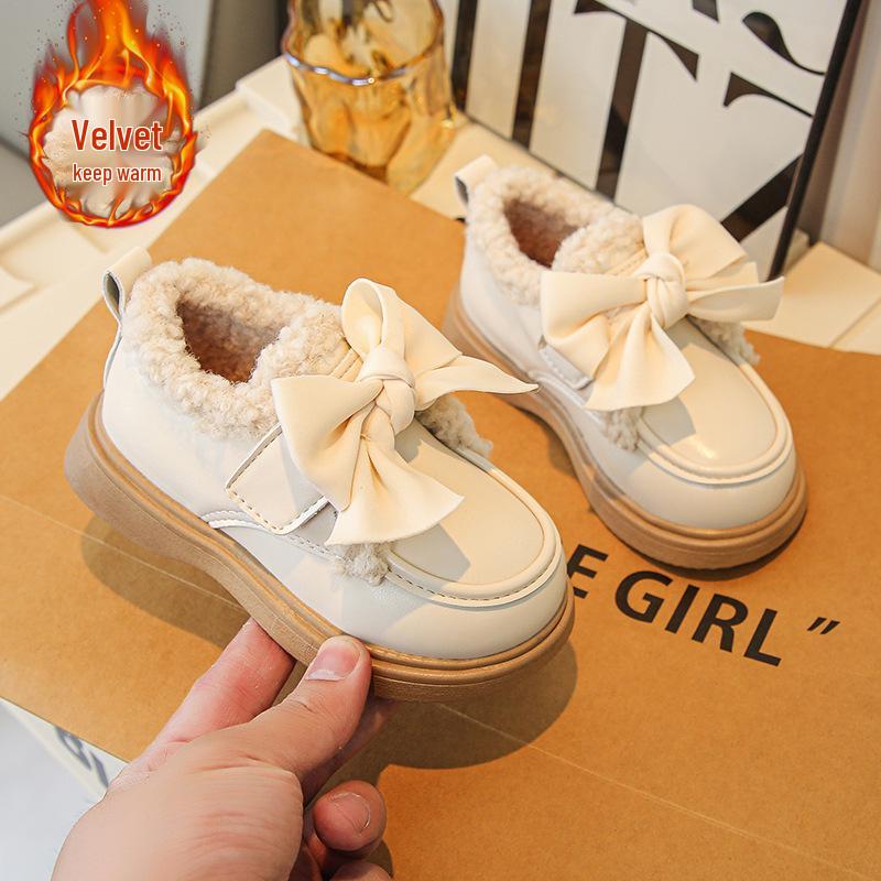 

Girls Fleece-Lined Non-Slip Winter Shoes, Soft Sole, Bow Design, Versatile for School 23 брудно-білий
