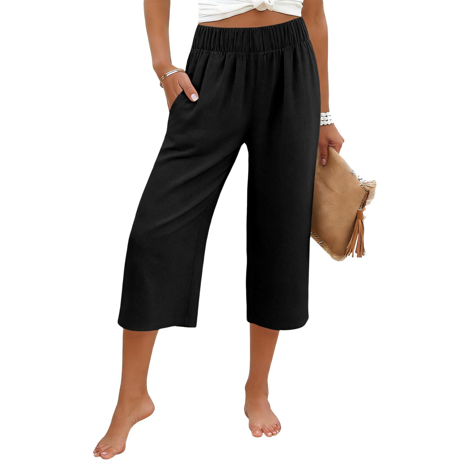 

Womens Baggy Wide Leg Pants Summer High Waisted Palazzo Pants Beach Vacation Casual Trousers With Pockets L чёрный