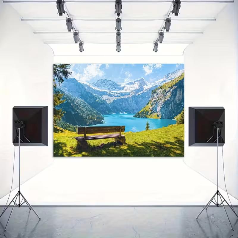 2D Flat Printing Swiss Alps Lake Tapestry, Mountain View with Bench Wall Decor