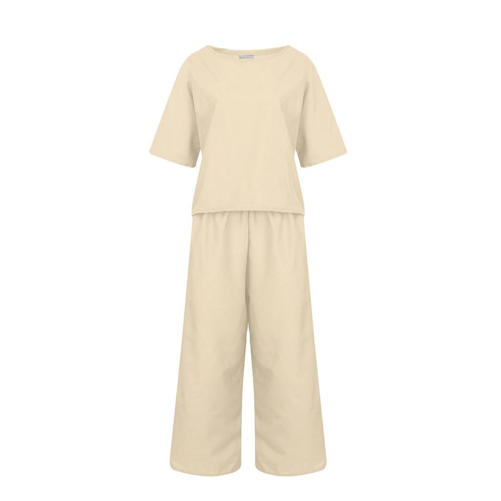 Damen Casual Lang- und Kurzarm-Pullover-Hemd, Rundhalsausschnitt, künstlerischer Retro-Einfarbig-Freizeitanzug