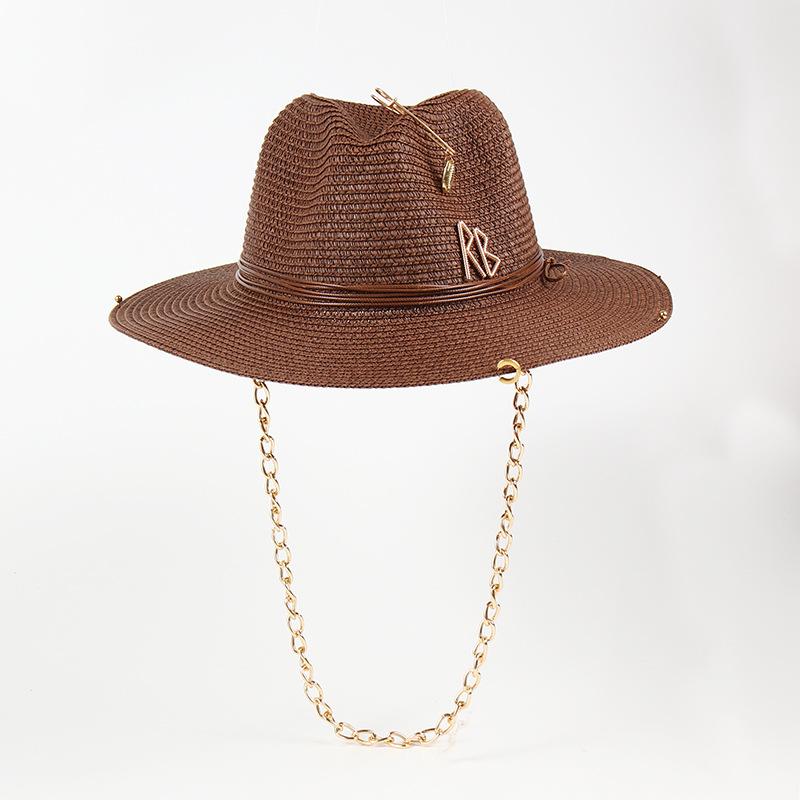 

Hot sales New European and American Style Pin Design Straw Hat Female Hollow Letter Sun Hat Fashion Metal Chain Sunshade Hat M 56-58cm кавовий