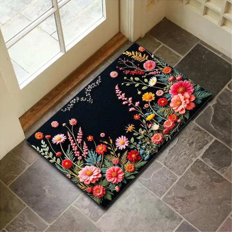 3D Floral Pattern Door Mat Colorful Flower Rug Non Slip Entrance Mat for Home Decor and Outdoor Porch Waterproof Floor Protector