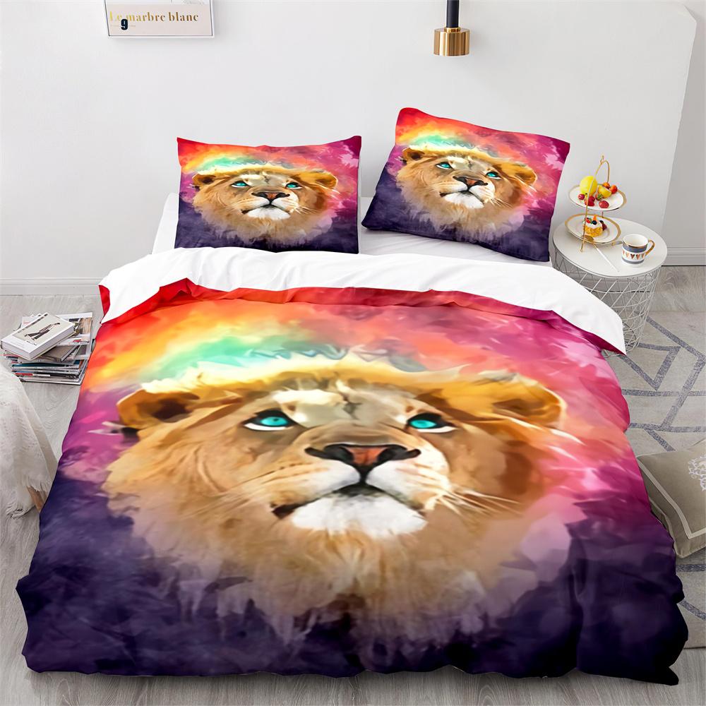 Lion Duvet Cover Set 3D Print Wild Animals Colourful King Queen Size For Kids Teens Adults Bedding Set Polyester Comforter Cover