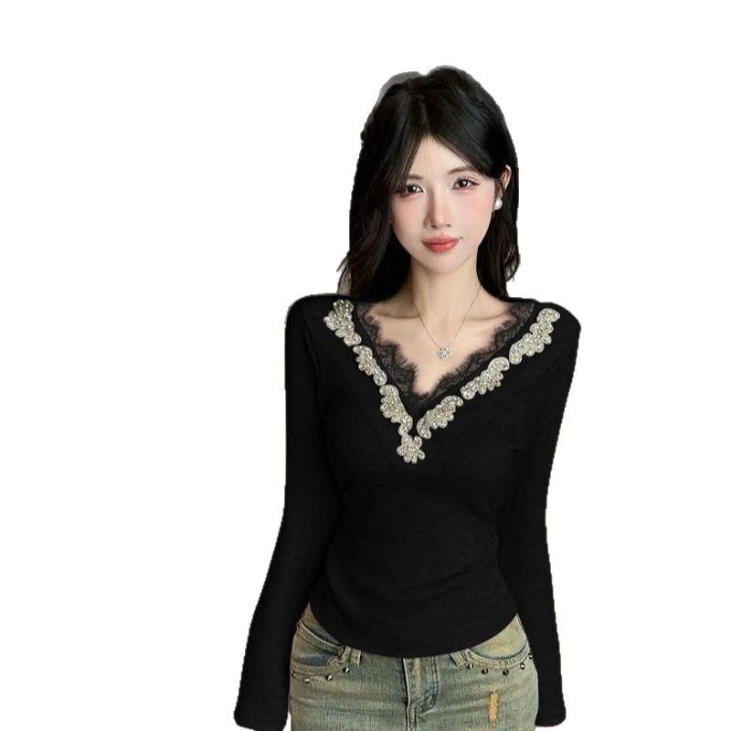 Vintage-Stil Besticktes V-Ausschnitt Strass Spitzen Samt Oberteil, Damen Herbst/Winter Langarm Luxus Basishemd