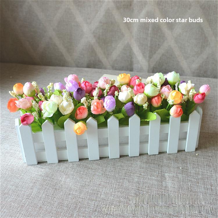 Artificial Flower Set: Wooden Fence & Small Potted Plants for Home Decoration