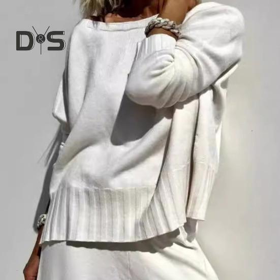 2 шт./комплект женский топ брюки костюм круглый вырез длинный рукав трикотажный — фото 11