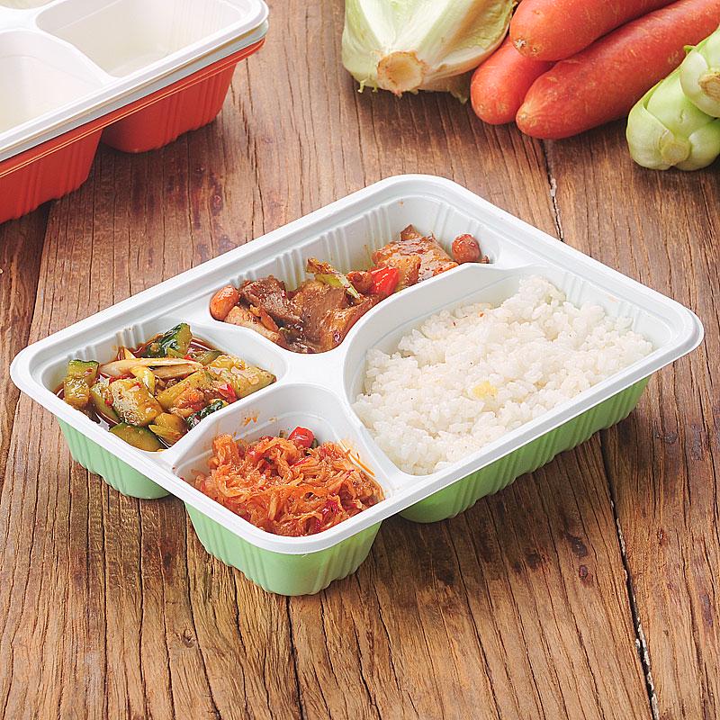Four-Grid Disposable Plastic Bento Lunch Box with Lid, Multi-Compartment Food Packaging Container.
