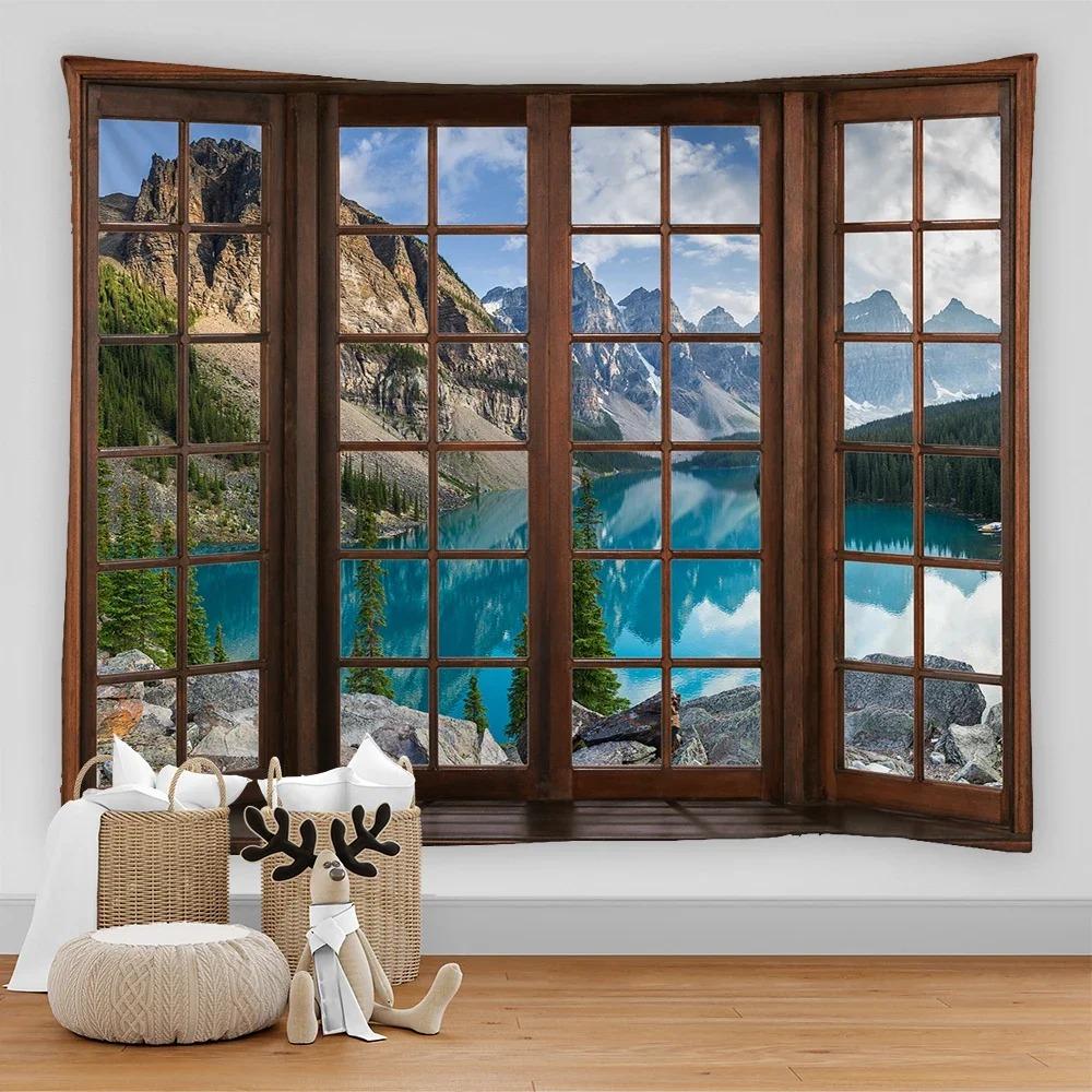 Bohemian Style 3D Window View Decorative Tapestry Hippie Wall Decoration Tapestry Bedroom Dormitory