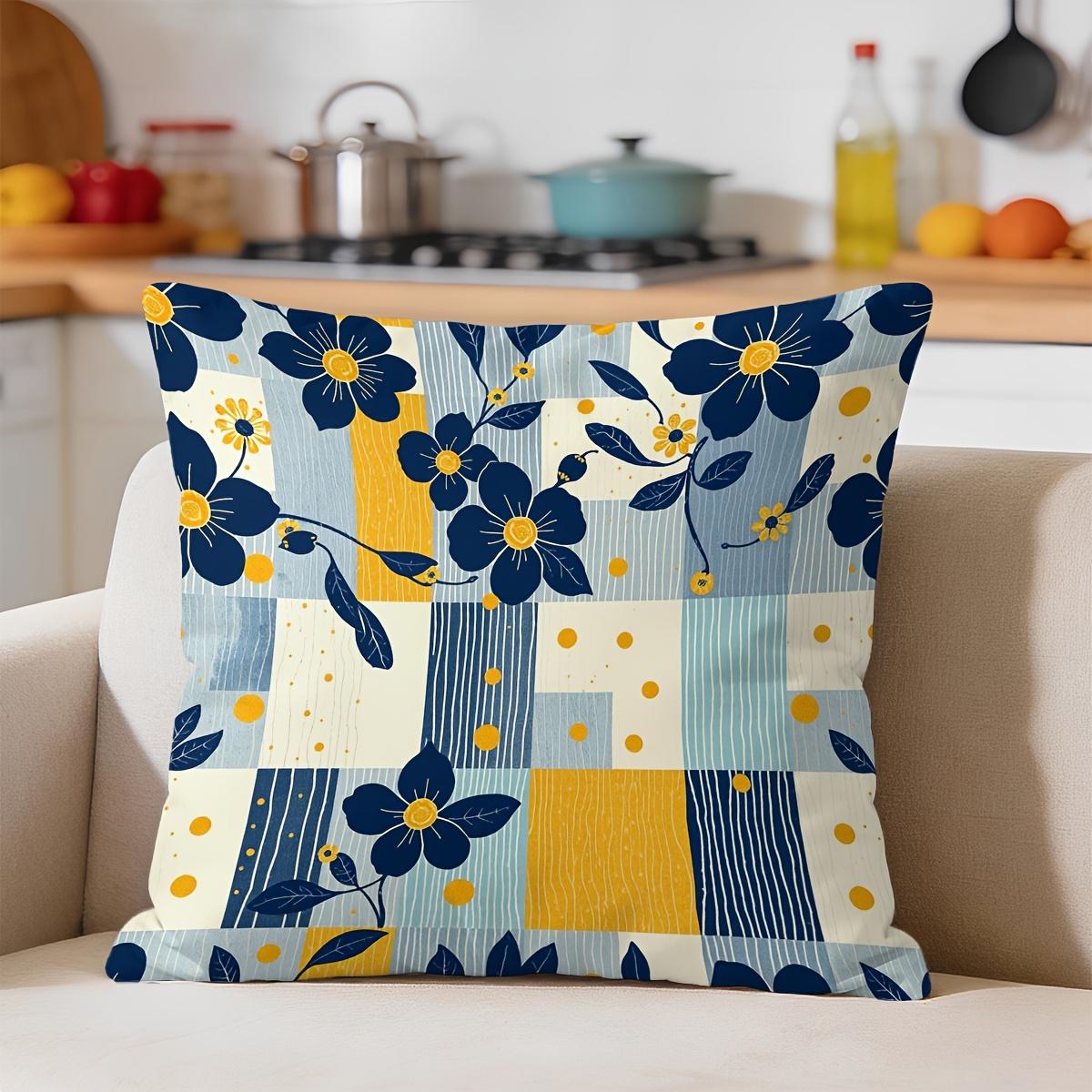 Jmg Clothing Unisex Blue/Yellow Chic And Floral Pattern Cushion Cover Pillowcase Square Throw Pillow For Sofa Decor Cotton Accent 40X40cm
