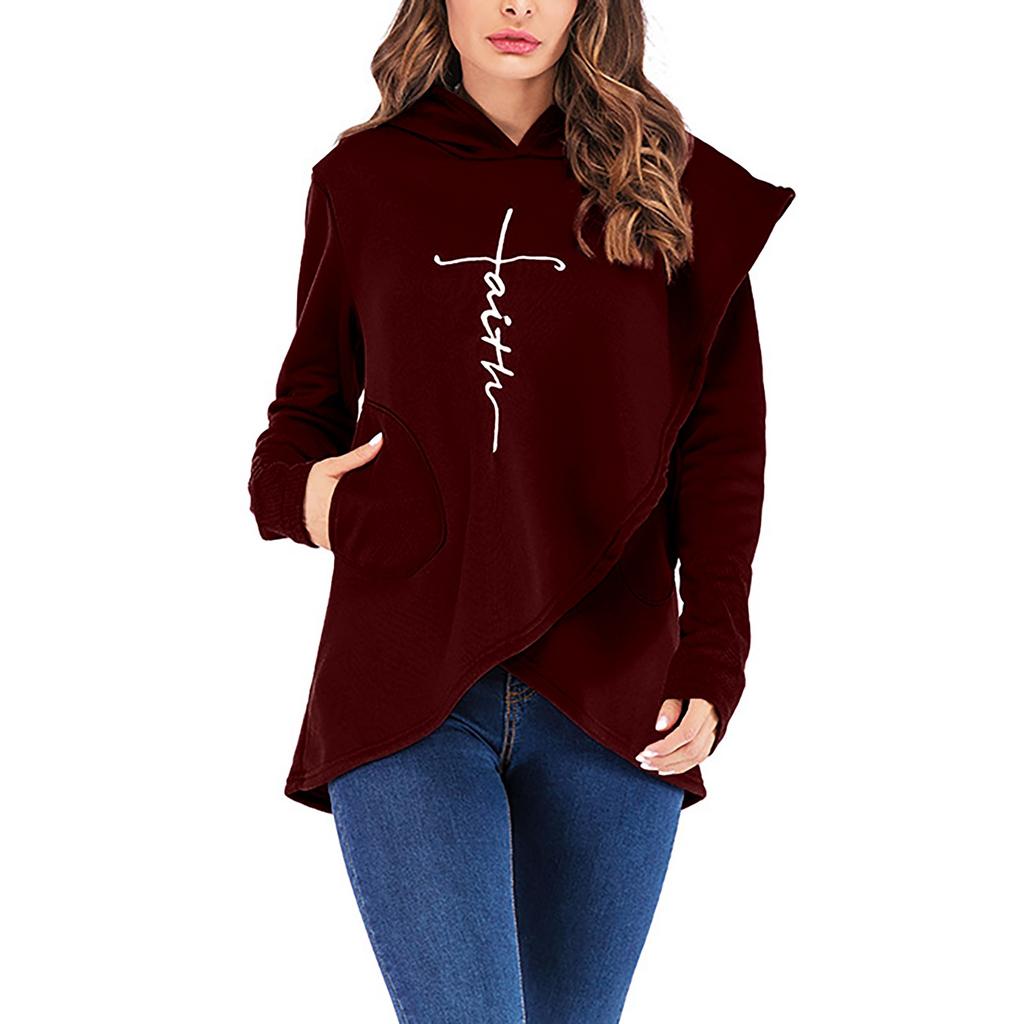 Ladies Plus Size Top Solid Color Irregular Hooded Long Sleeve Fleece Sweater
