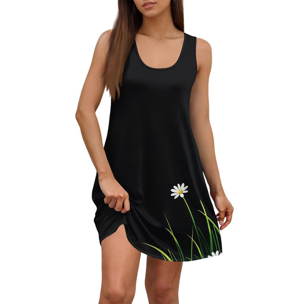 Damen Sommerkleid, lässig, quadratischer Ausschnitt, Blumendruck, ärmellos, mit Taschen