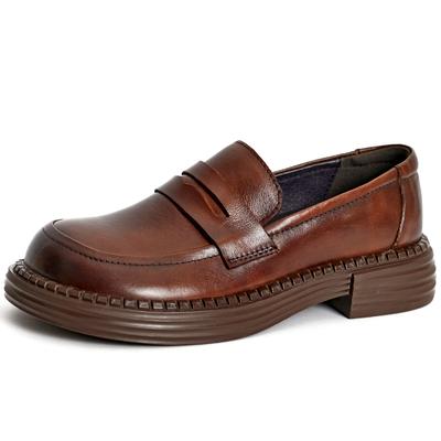 Retro Women 'S Shoes Brown Top Layer Cowhide Soft Leather Black Small Leather Shoes British Leather Loafers Women 'S Spring And Autumn Single Shoes