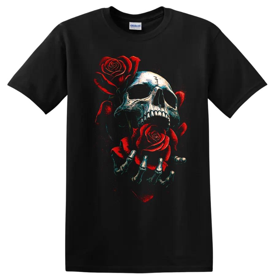 Skull Rose Skeleton Gothic Horror T Shirt W/ Red Floral Art Graphic Tee Design