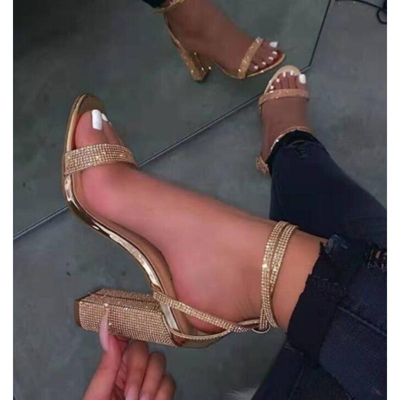 Cross-border Large Size High Heel Rhinestone Sandals Women's Summer European and American Foot Ring Buckle Strap Peep Toe Block Heel Sandals