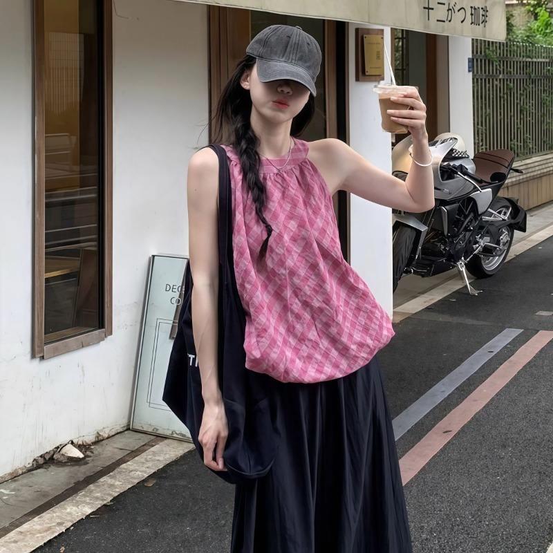 Retro Versatile Contrasting Color Plaid Sleeveless Vest for Women Summer New Sweet Loose Top