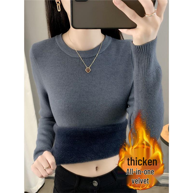 Women's Plus Size Velvet-Enhanced Slim Fit Knit Sweater - Warm Round Neck Base Layer for Autumn and Winter