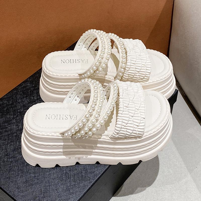 Fashion New 2025 Pearl Strap Chunky Sandals Women Summer High Platform Wedges Slippers Woman Fashion 8CM Heels Thick Bottom Beach Slides