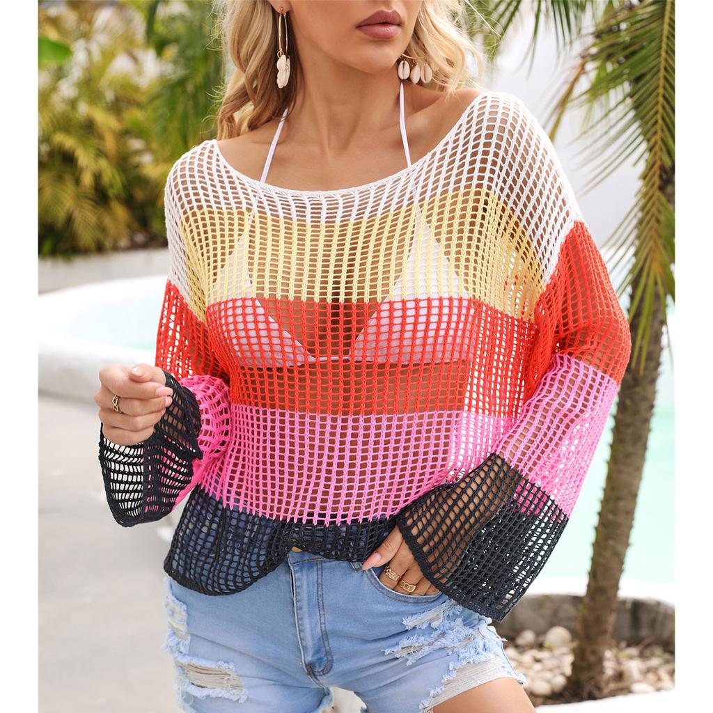 Women Crochet Hollow Out Cover Up Long Sleeve Color Block Crew Neck Beach Bikini Swimsuit Mesh Top Pink XL