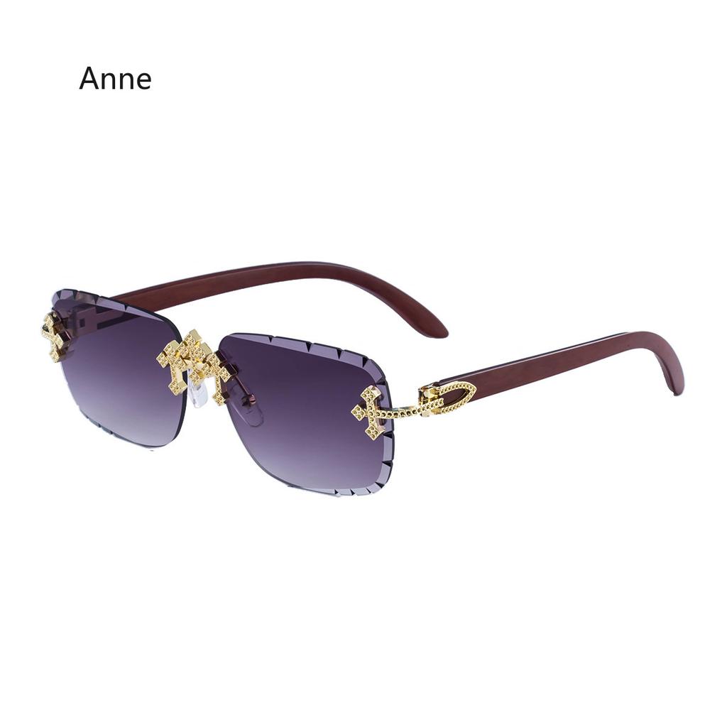 Punk New Men's Retro Square Rimless Sunglasses Cross with Diamond-Cut Edges Gradient Shades Imitation Wood Grain Women Glasses