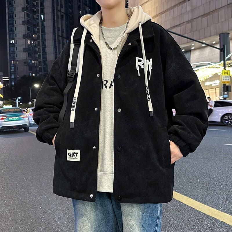 

Men s Corduroy Hooded Jacket: Autumn/Winter Fleece-Lined Thick Parka 3XL (Approx. 155-175 lbs)