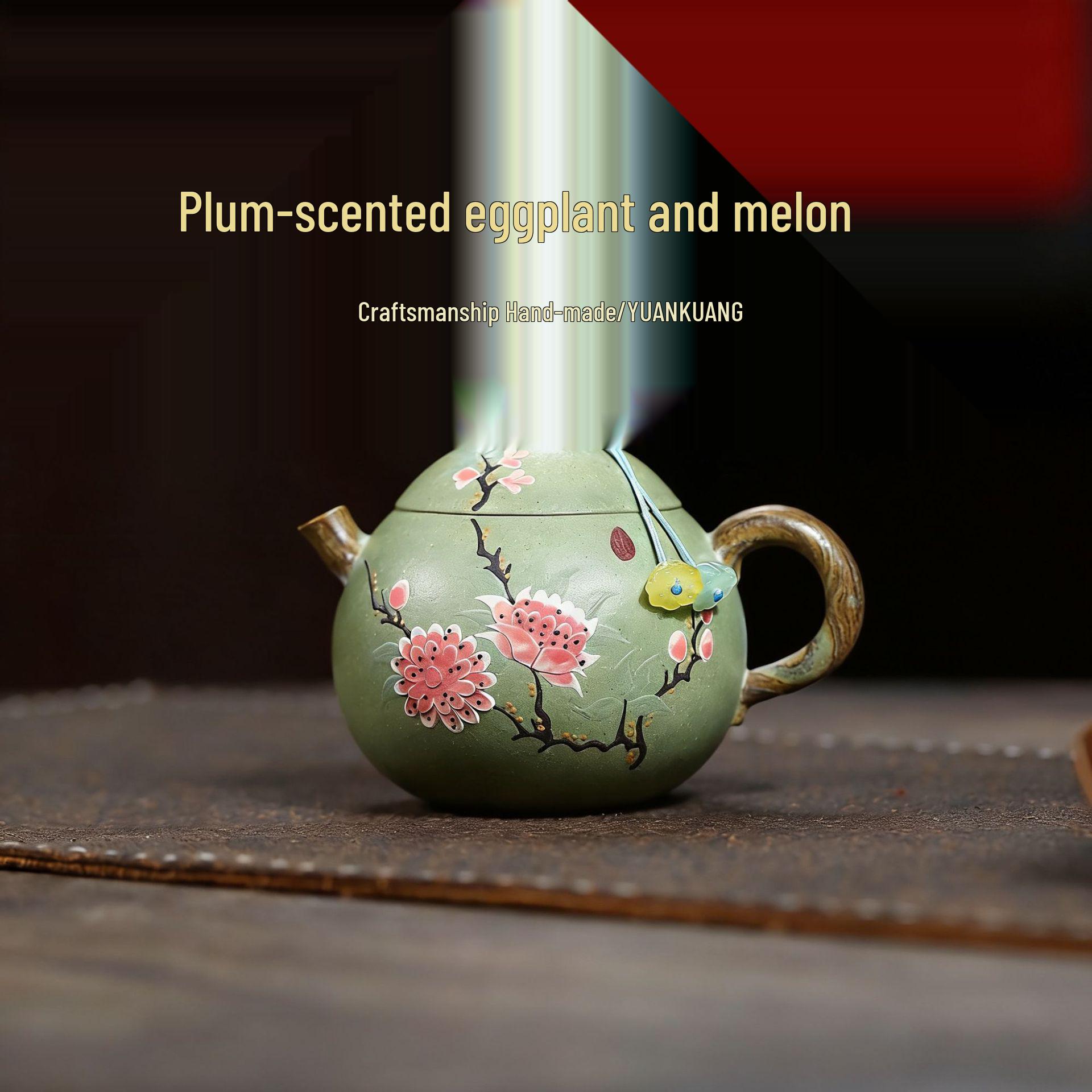 Plum Fragrance Yixing Zisha Eggplant Gourd Teapot, Semi-Handmade Raw Bean Green and Swirl Clay, Exquisite Tea Set. 190CC
