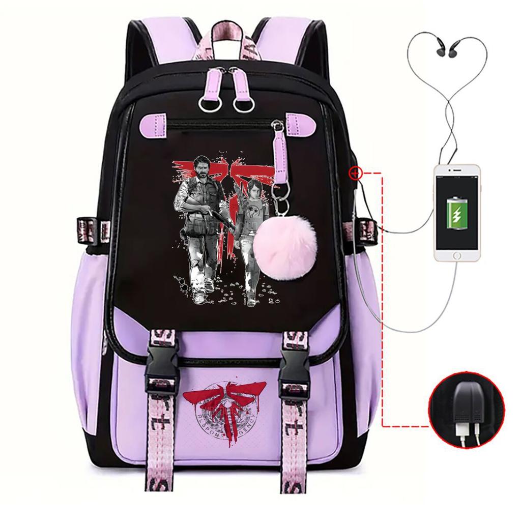 Trend Printing Student Casual Schoolbag Contrasting Color Neutral USB Backpack