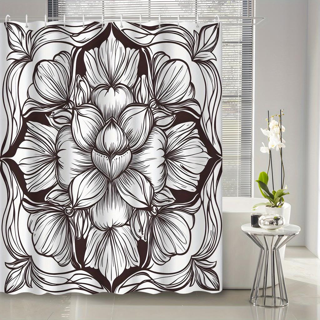 1pz Tenda da Doccia Minimalista con Disegno a Linee e Fiori, Tessuto in Poliestere con 12 Ganci, Tenda da Doccia Accessorio per Bagno