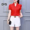 Summer Chiffon Shirt Stand Collar V-neck Petal Short Sleeve Pullover Tops Solid Color Thin Women Blouse Workwear