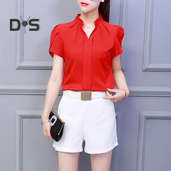 Summer Chiffon Shirt Stand Collar V-neck Petal Short Sleeve Pullover Tops Solid Color Thin Women Blouse Workwear