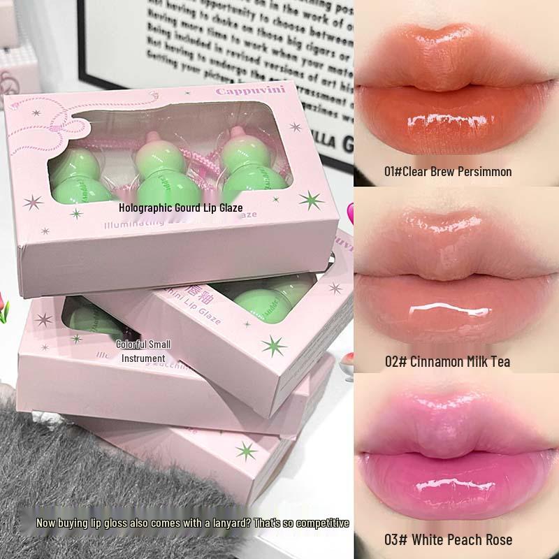 Cappuvini Gourd Lip Glaze Set: Three-Piece Mirror Shine Whitening Lip Gloss.